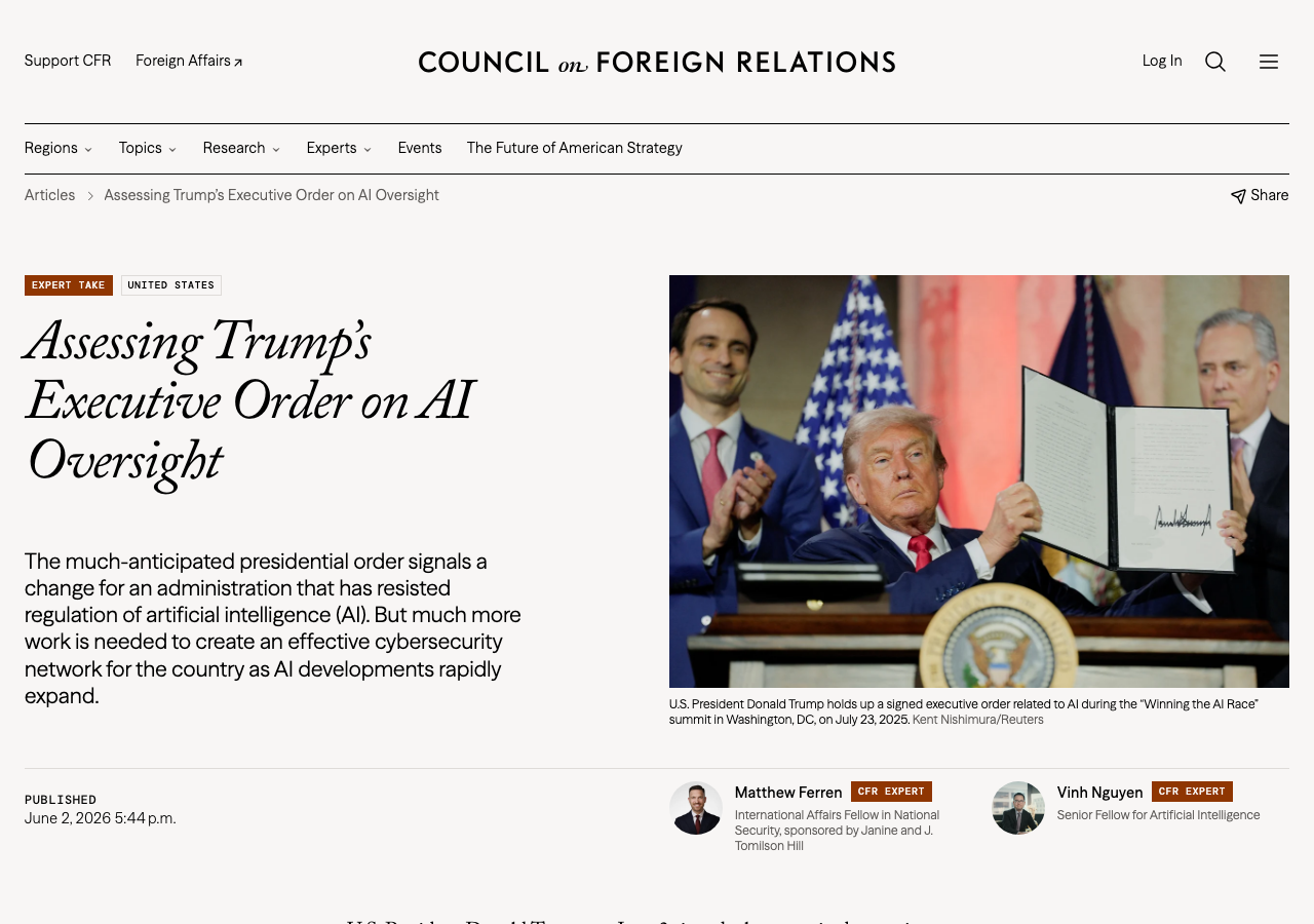 Council on Foreign Relations assessment of Trump's executive order on AI oversight