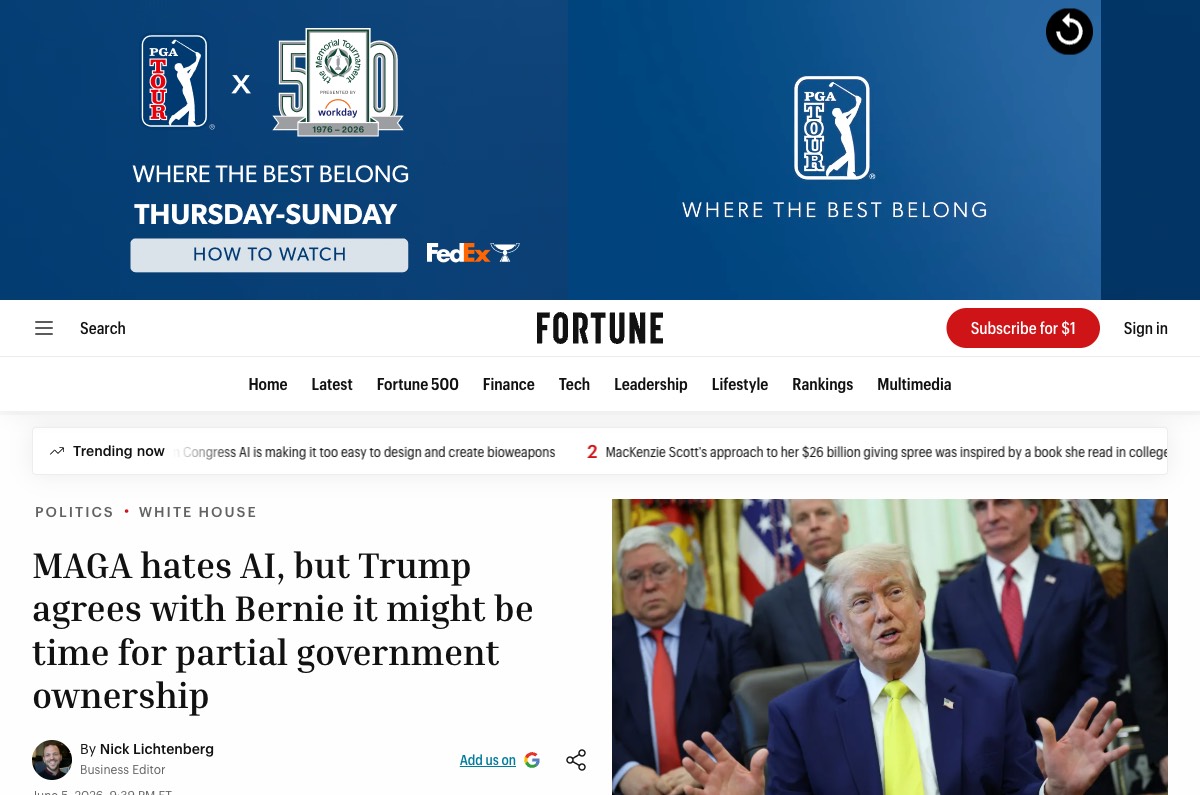 Fortune — MAGA hates AI, but Trump agrees with Bernie it might be time for partial government ownership