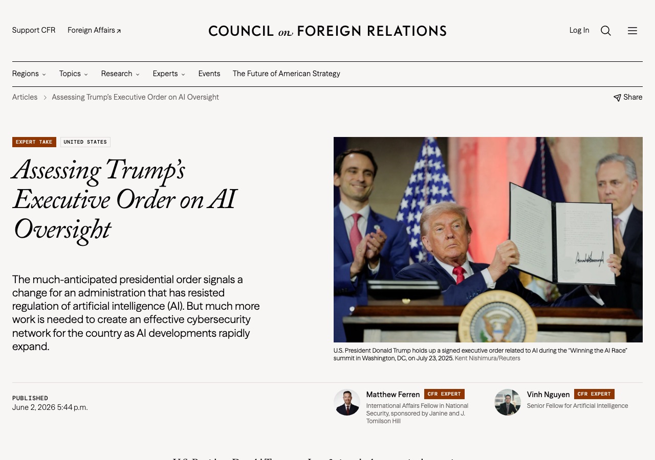 Council on Foreign Relations analysis of Trump's AI executive order — regulatory capture assessment