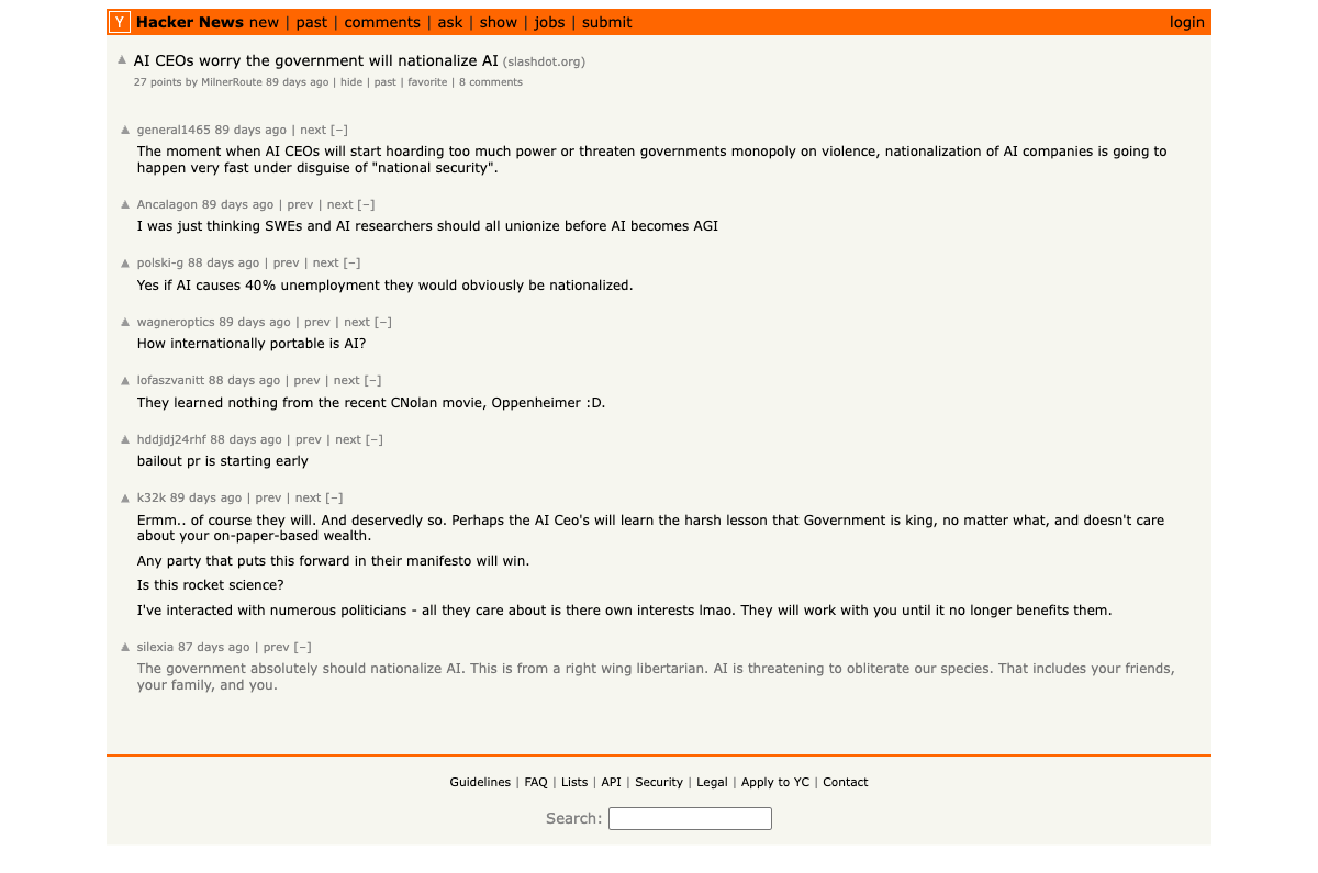 Hacker News — AI CEOs worry the government will nationalize AI