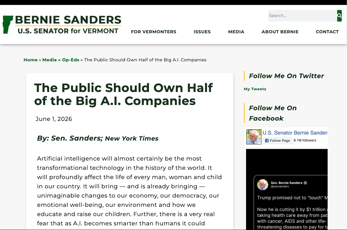 Bernie Sanders op-ed — The Public Should Own Half of the Big A.I. Companies