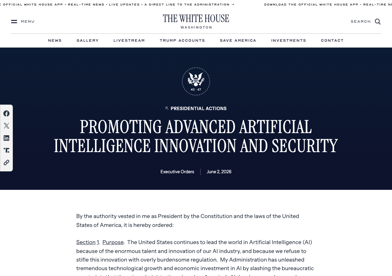 White House executive order text — Promoting Advanced Artificial Intelligence Innovation and Security